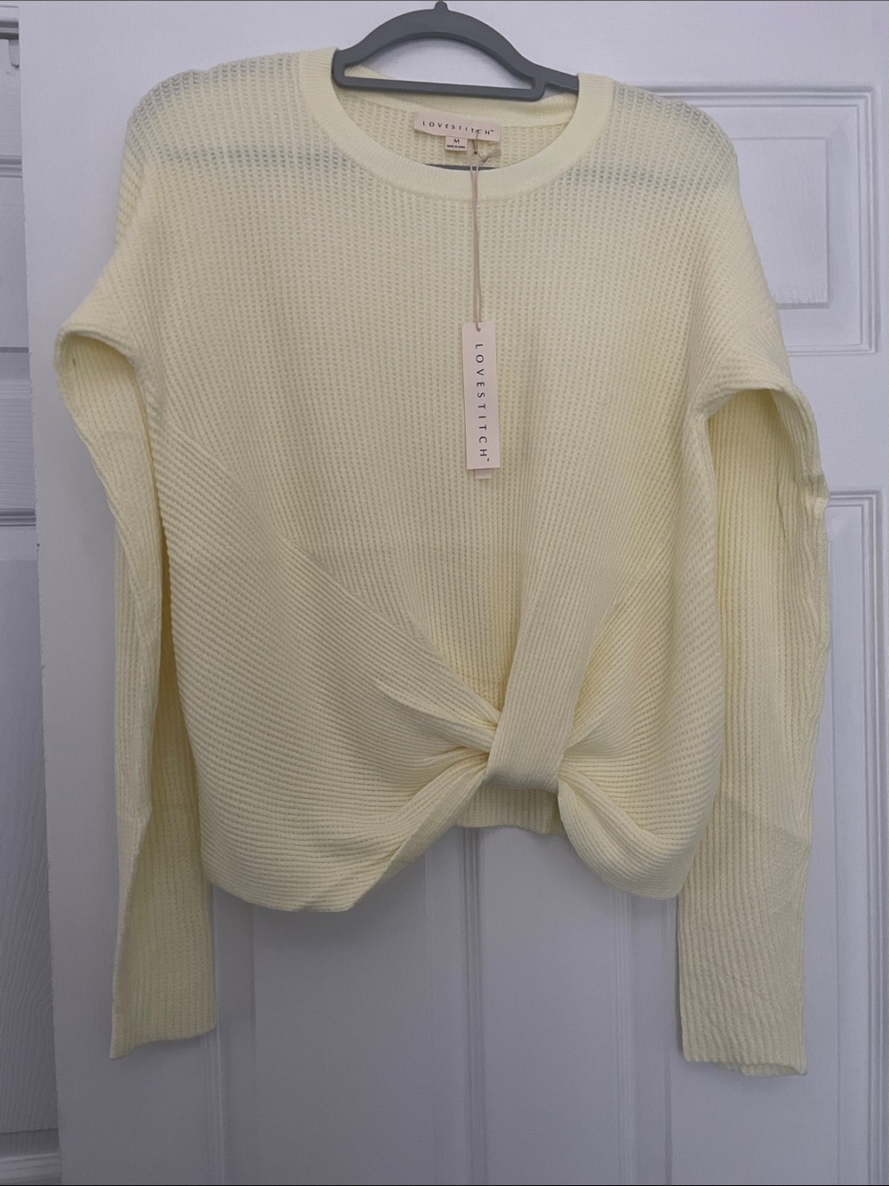 Love Stitch Pale Yellow Twist-Front Crewneck Sweater NWT
